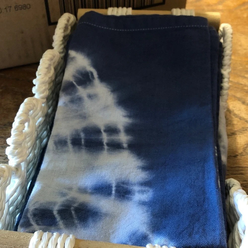Blue Tie-Dye Cotton Napkins & White Wicker Napkin Holder set - Home Accents